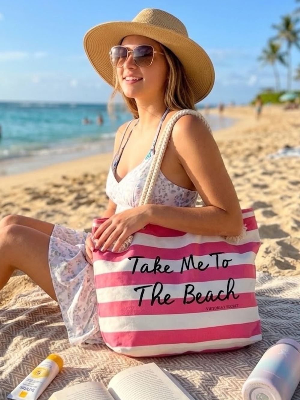 Victoria Secret Tote bag “take me to the beach” pink white striped rope handle
